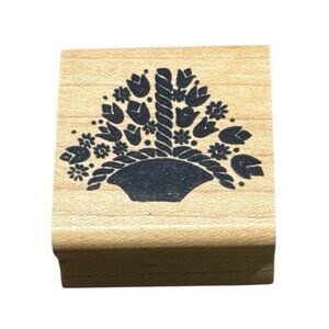 Rubber Stamp Wood Mounted Basket Of Roses Flowers Floral Scrapbooking Crafts NOS